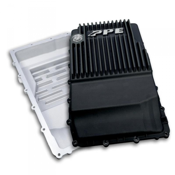 PPE Deep Transmission Pan For Dodge 727/47/48RE - Aluminum Black/Brushed Finish, Increased Capacity, Fits 5.9L Engines